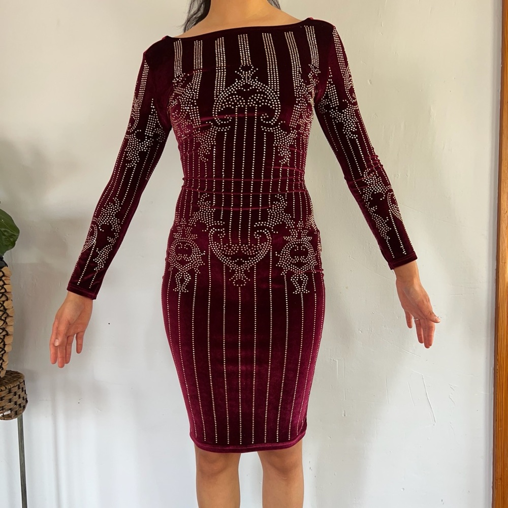 Fashion Nova Burgundy Velvet Gold Studded Bodycon Dress